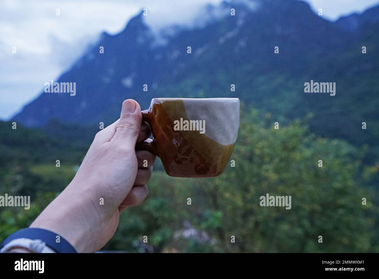 Main tenant une tasse en céramique colorée de café chaud au milieu du paysage naturel de la nature verte Banque D'Images