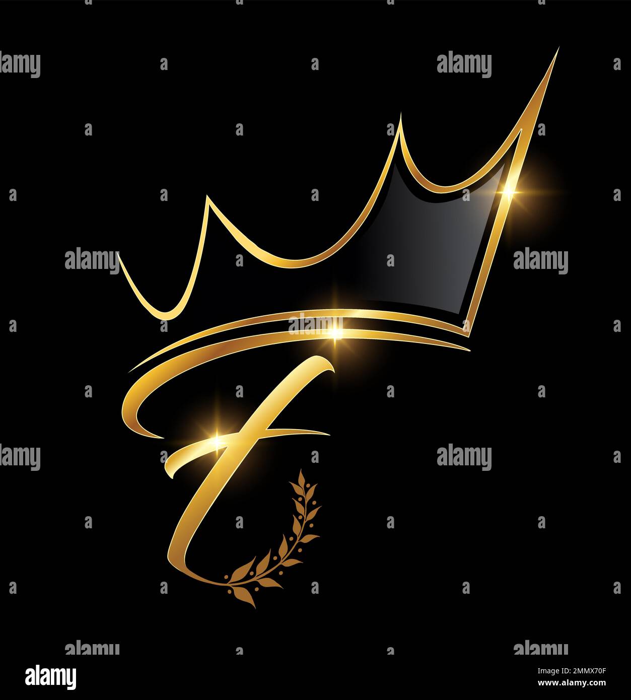 Illustration vectorielle du monogramme Gold Crown and Leaf lettre initiale F sur fond noir avec effet brillant or Illustration de Vecteur