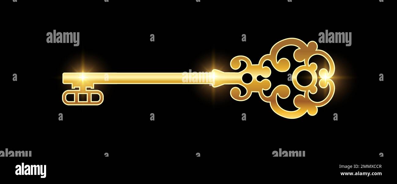 Illustration vectorielle de l'icône Golden Luxury Key Vector sur fond noir avec effet brillant doré Illustration de Vecteur