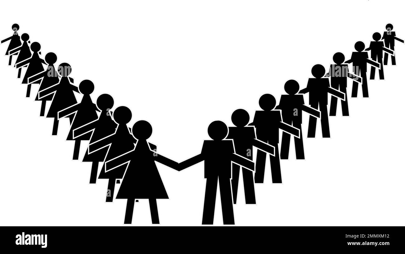 Silhouettes d'hommes et de femmes tenant les mains formant un V sur fond blanc Illustration de Vecteur