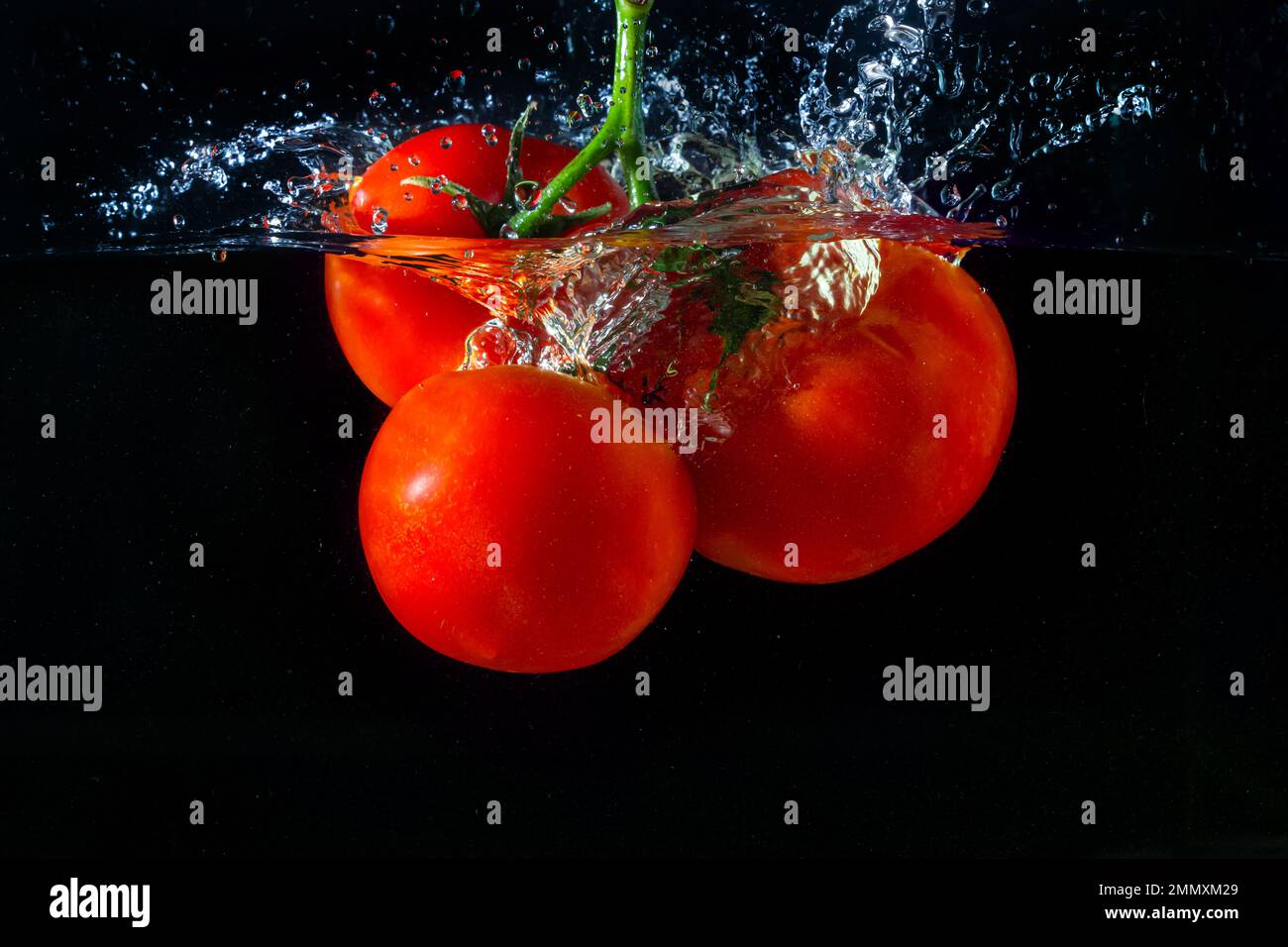 Tomate rouge fraîche tombant dans l'eau avec des éclaboussures d'eau et des bulles d'air isolées sur fond noir. Banque D'Images