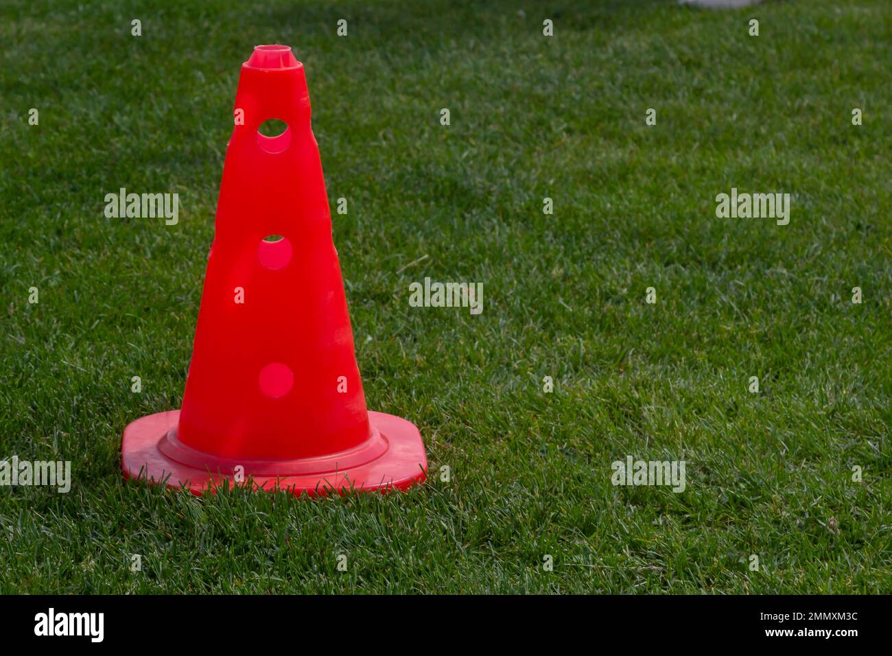 Cône de plastique et pour le football de la formation. Aire de sports avec marquages sur une pelouse artificielle sur un terrain de soccer. Banque D'Images