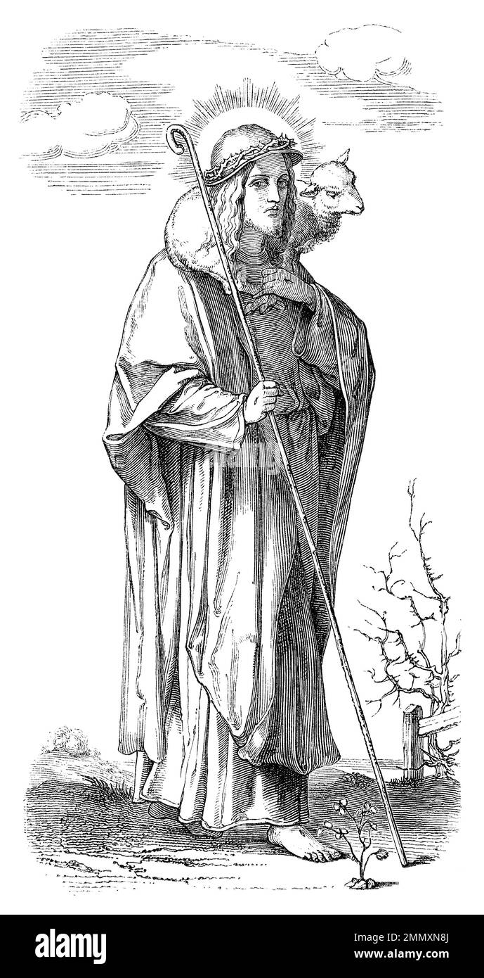 Gravure de 19th ans d'époque d'un Jésus-Christ avec un agneau. Banque D'Images