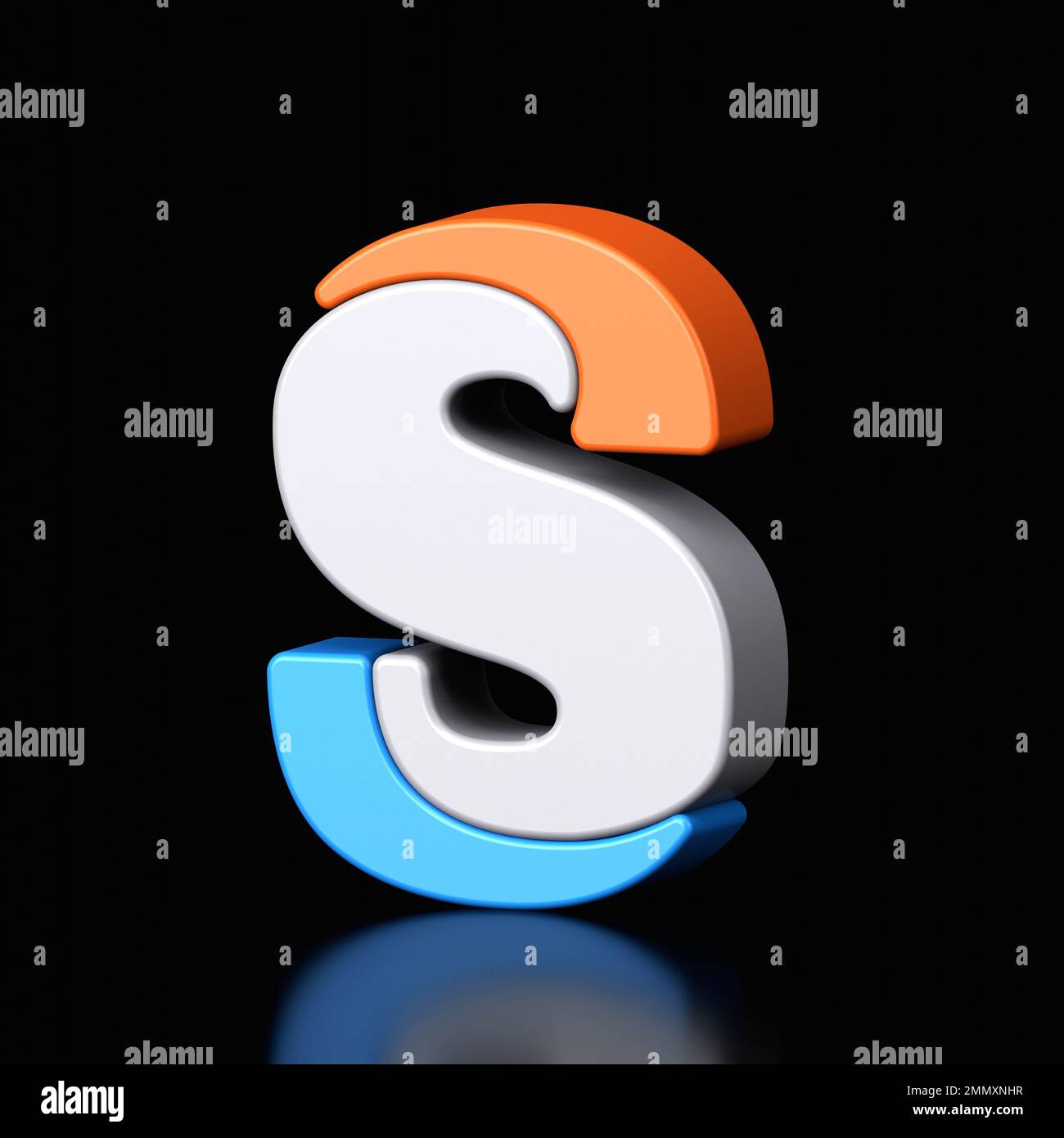 3D lettres S plastique bleu clair et orange de l'alphabet isolé dans un fond noir. Illustration de la conception de caractères métalliques haute technologie, texte mini Banque D'Images