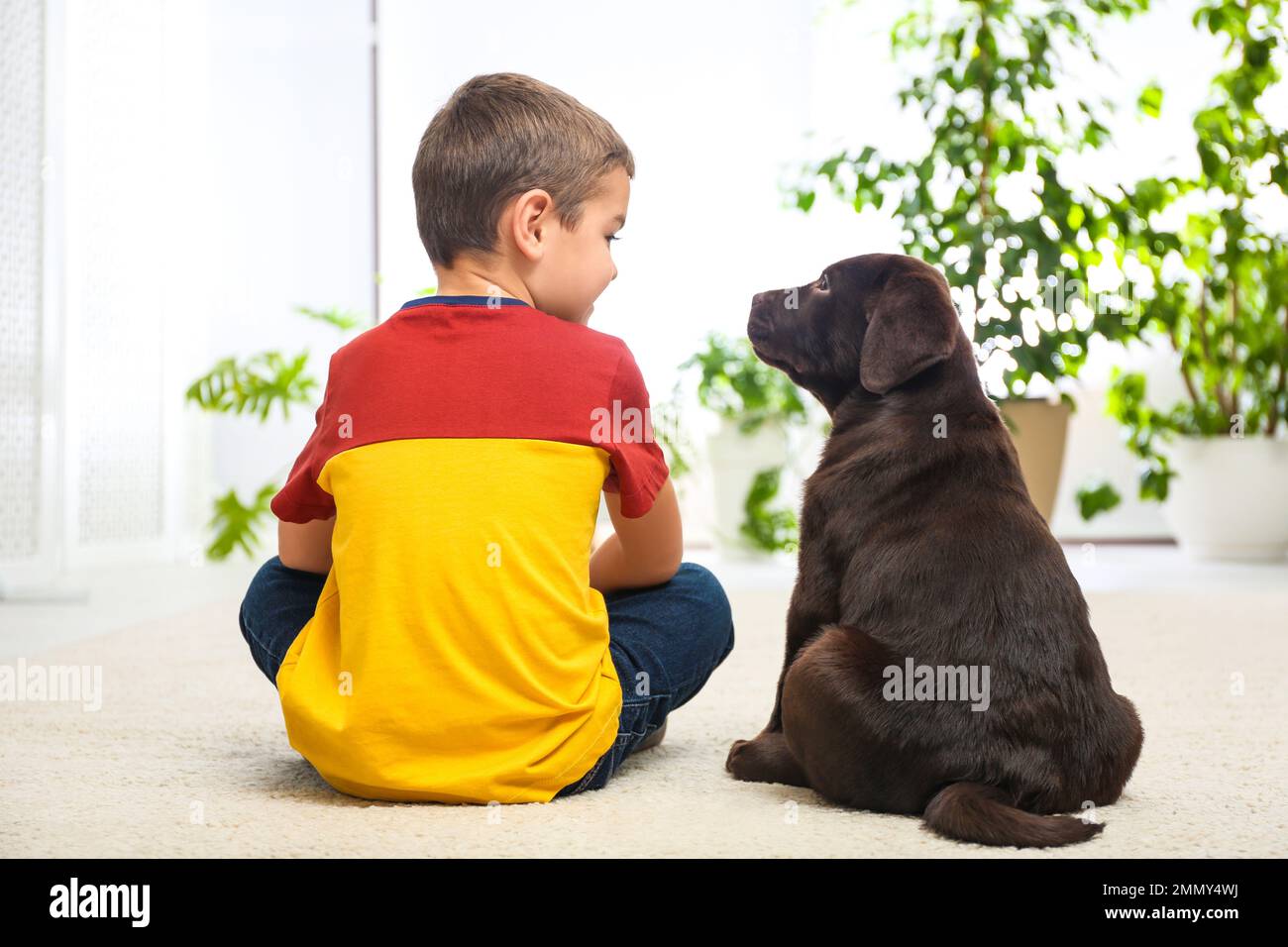 Petit garçon avec un chiot sur le sol à la maison. Chien sympathique Banque D'Images