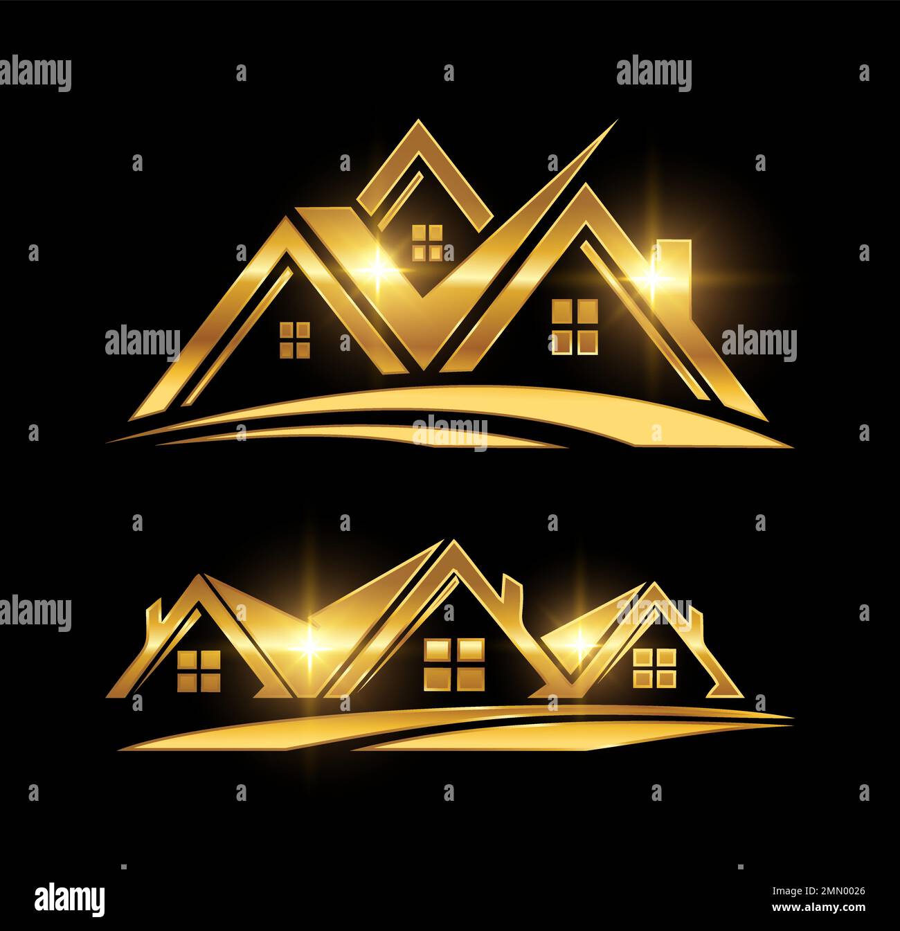 Illustration vectorielle sur fond noir avec effet brillant doré de l'icône Golden Real Estate logo Vector Illustration de Vecteur