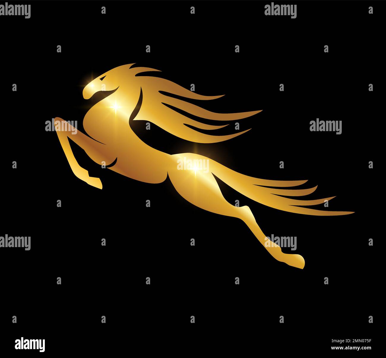 Illustration vectorielle sur fond noir avec effet brillant doré de l'icône du Golden Jumping Horse logo Vector Illustration de Vecteur