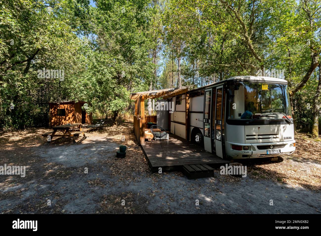 France, Gironde, Belin-Béliet, Parc naturel régional des Landes de Gascogne, domaine dans la nature, logement insolite, bus transformé en chambre Banque D'Images