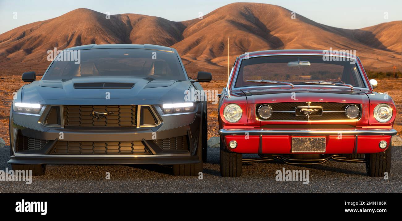 Ford Mustang dans sa dernière version à côté de la Mustang du 1960s Banque D'Images
