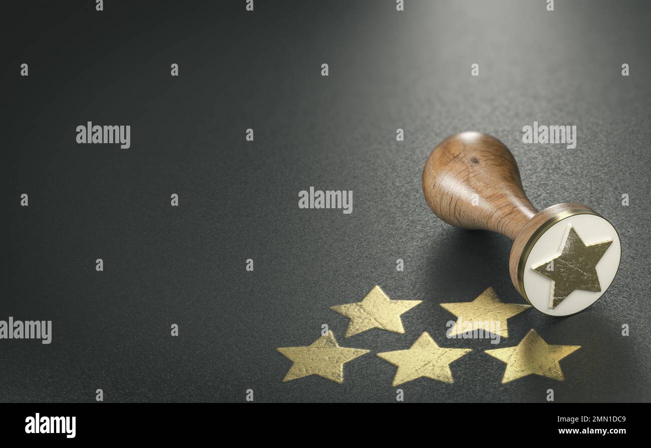 Tampon en caoutchouc avec une étoile dorée, sur fond noir avec cinq étoiles. Concept d'évaluation de la qualité du service. 3d illustration avec espace de copie. Banque D'Images