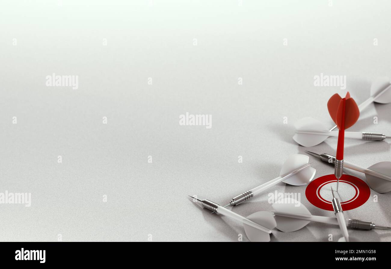 Découpe rouge frappant le centre d'une cible sur un arrière-plan blanc avec espace de copie. Réalisation ou réalisation concept. 3d illustration Banque D'Images