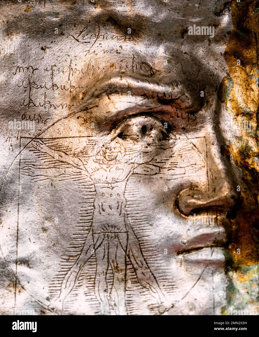 Masque vénitien coloré avec la gravure « Vitruvian Man » de Da Vinci. Banque D'Images