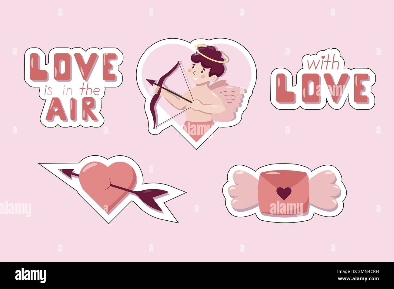 Valentine Day concept vecteur éléments de dessin animé Cupid, lettres avec ailes, coeurs et autocollants lettrage. Autocollants roses mignons pour emballer le papier et le cadeau Illustration de Vecteur