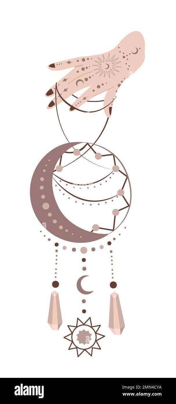 Sorcellerie, Mehendi main tenir la magie Dreams Catcher Talisman pour le rêve prophétique. Sorcières et assistant prédiction. Wicca et tradition païenne.Flat Vector I Banque D'Images