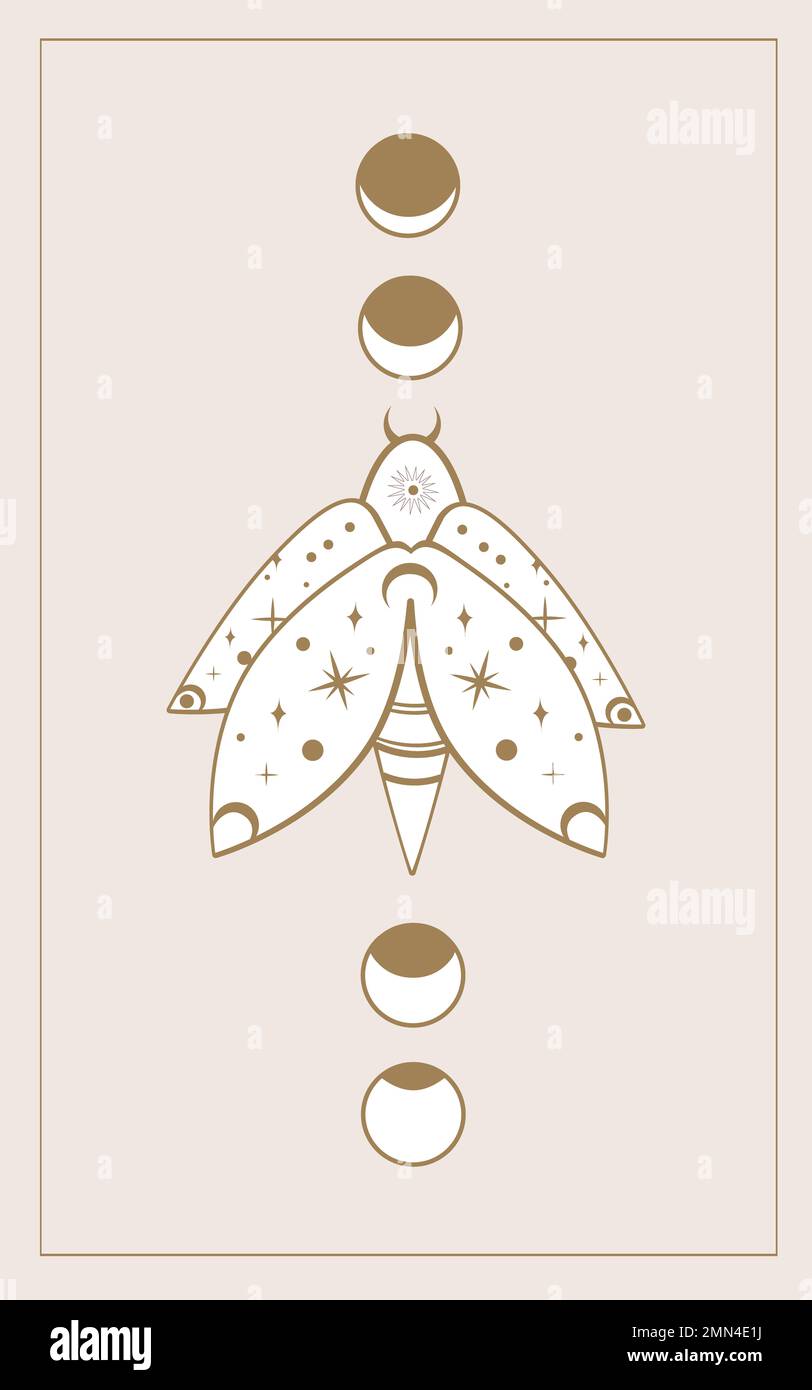 Vecteur sorcière magique élément de conception papillon parmi les phases de lune.Doodle de géométrie sacrée,modèle de magicien d'esquisse. Illustration du symbole sorcellerie isolée Banque D'Images
