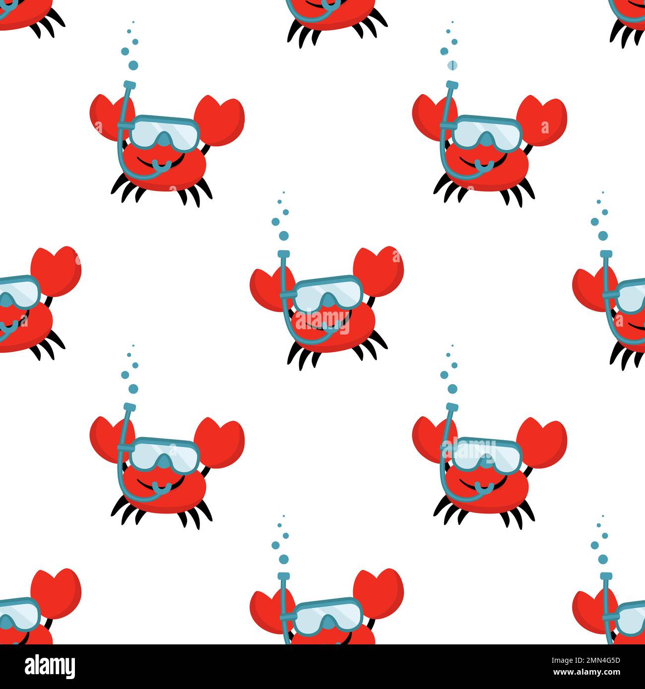 Dessin animé sans couture drôle crabe souriant avec masque de natation et bulles Illustration de Vecteur