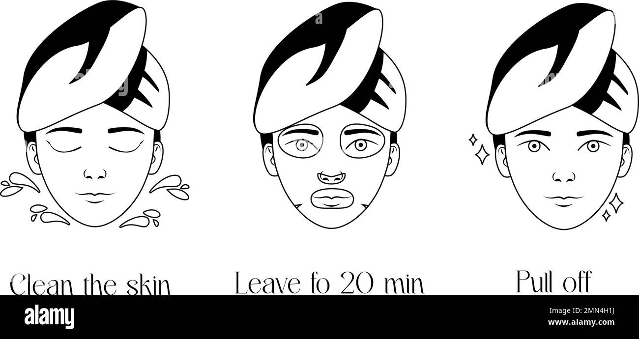 Jeu d'icônes d'instructions de masque facial. Guide d'application de masque de feuille étape par étape. Belle fille avec une serviette sur la tête laver le visage, hydratant. Illustration de Vecteur