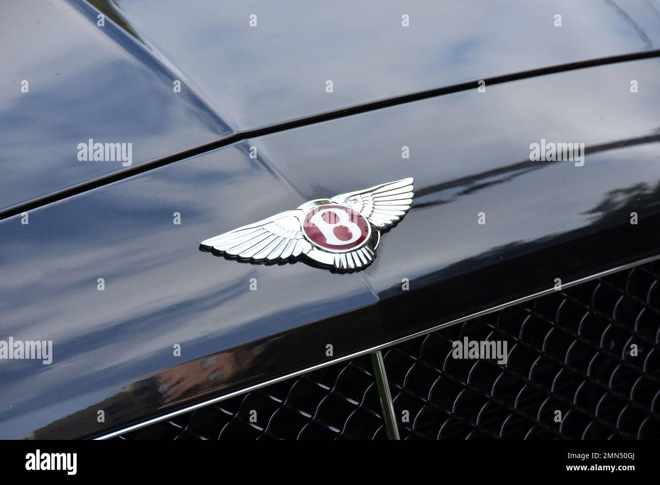 Texte du logo Bentley et emblème chromé sur le panneau avant Banque D'Images