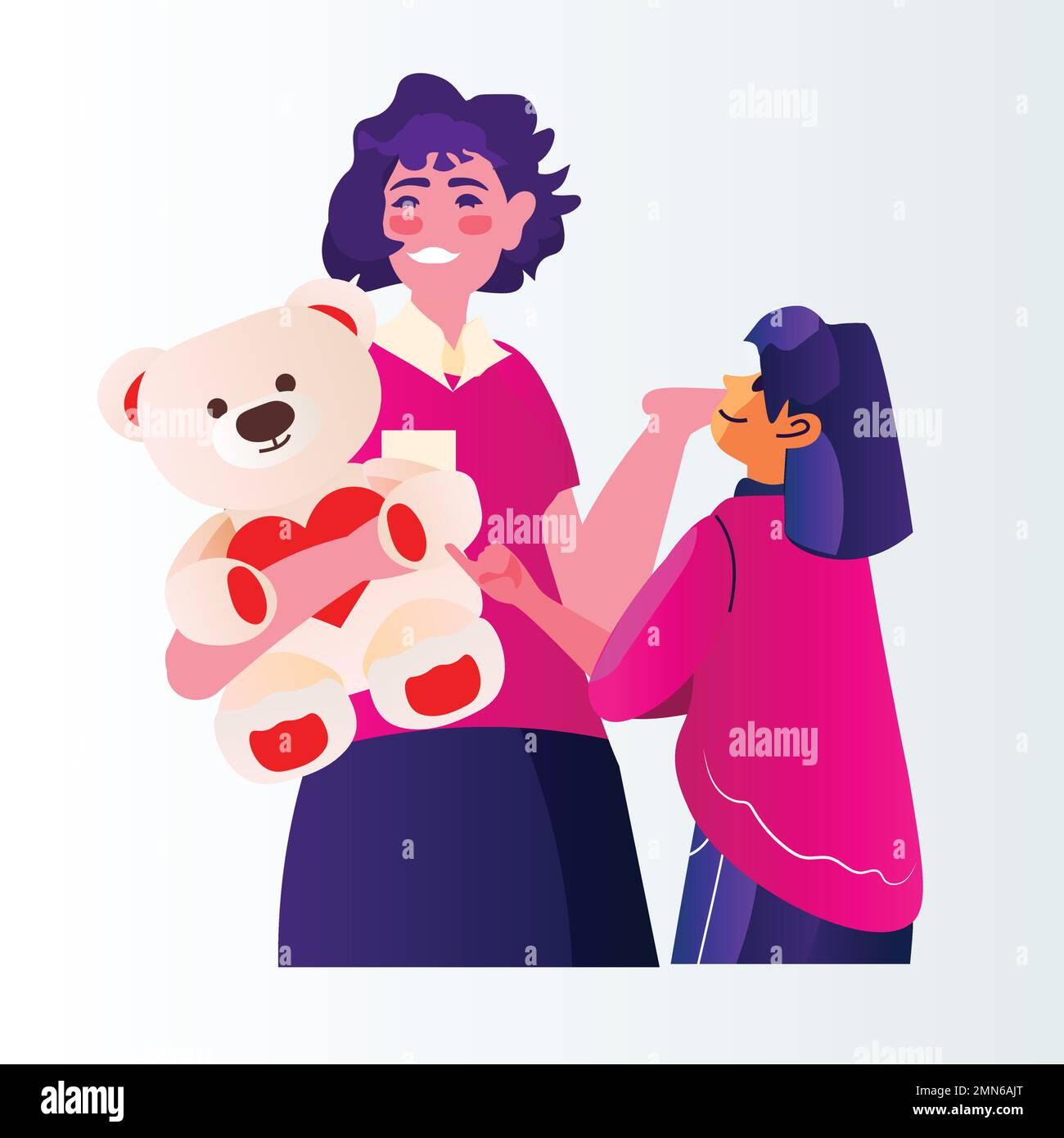 mère et fille dans la boutique tenant l'ours en peluche dans le magasin de vêtements pour enfants grand magasin de vente shopping concept portrait Illustration de Vecteur