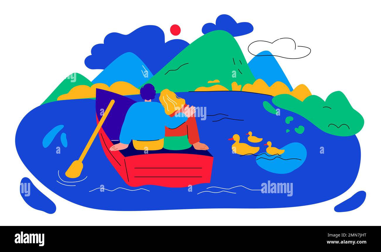 Romance sur un lac de montagne - moderne coloré plat design illustration de style Illustration de Vecteur