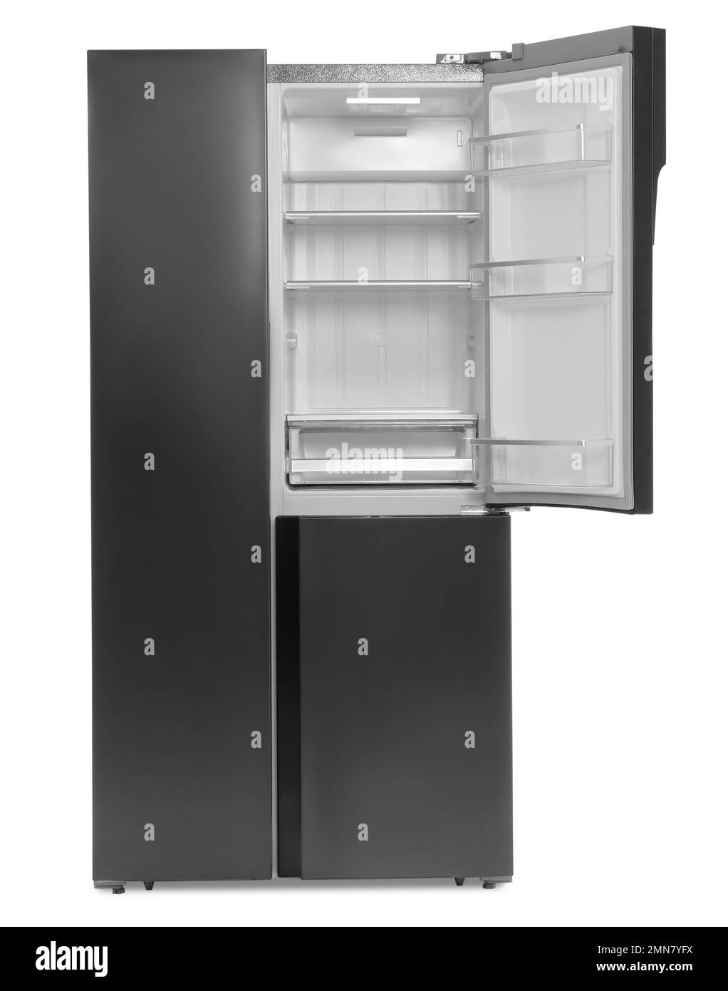 Réfrigérateur vide en acier inoxydable isolé sur blanc Banque D'Images