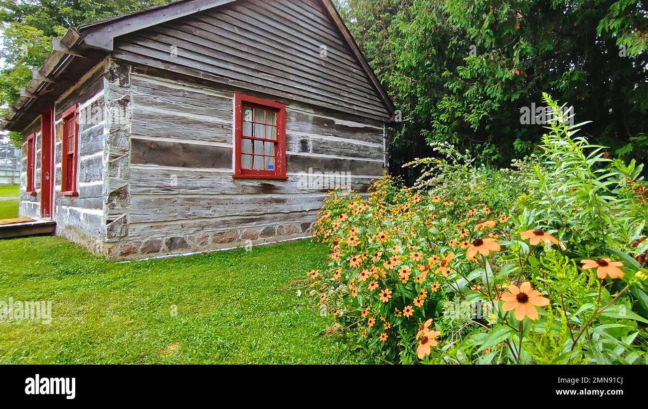 Maison en bois avec fleurs sur la pelouse Banque D'Images