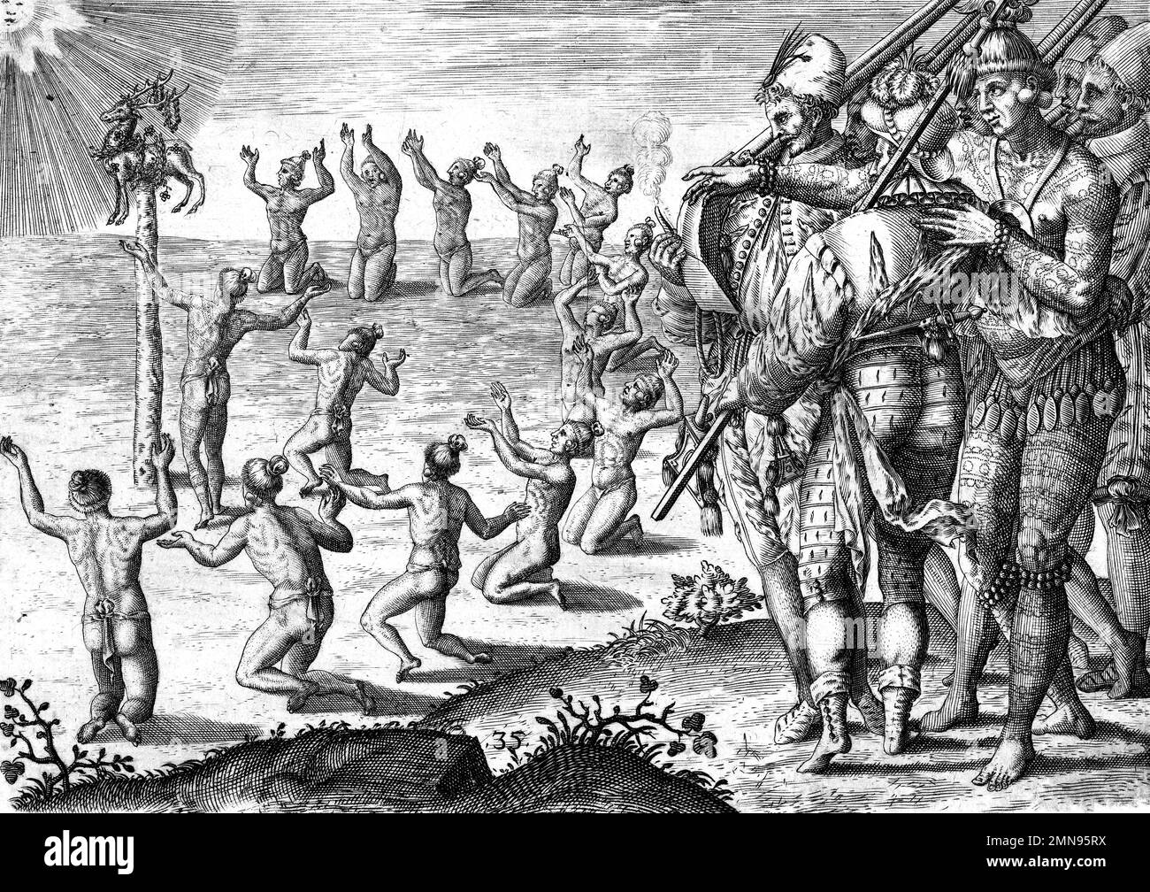 Theodor de Bry. Gravure d'Américains indigènes montrant un rituel aux Européens par le graveur néerlandais, Theodor de Bry (Théodorus de Bry: 1528-1598), gravure / impression typographique 1591 Banque D'Images