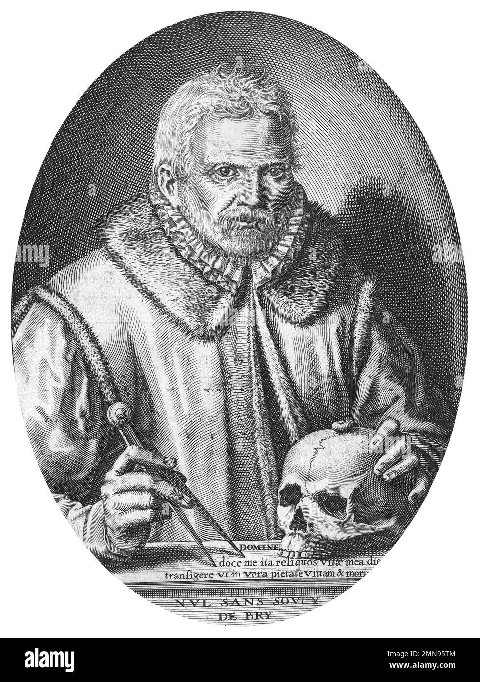 Theodor de Bry. Autoportrait par le graveur néerlandais, Theodor de Bry (Théodorus de Bry : 1528-1598), gravure / impression typographique 1597 Banque D'Images
