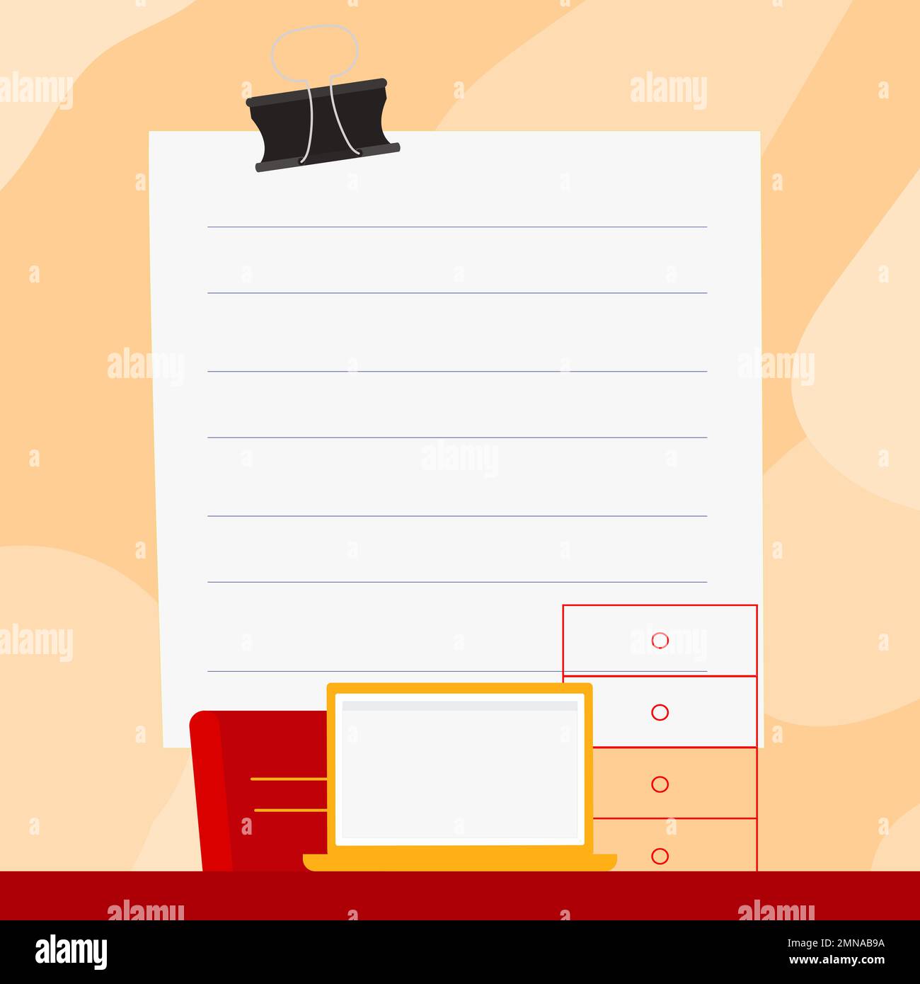 Ordinateur portable placé sur le bureau près de la boîte. L'écran blanc contient de nouvelles informations importantes. Moniteur de l'ordinateur avec message. Porte-texte vide de couleur vive Illustration de Vecteur