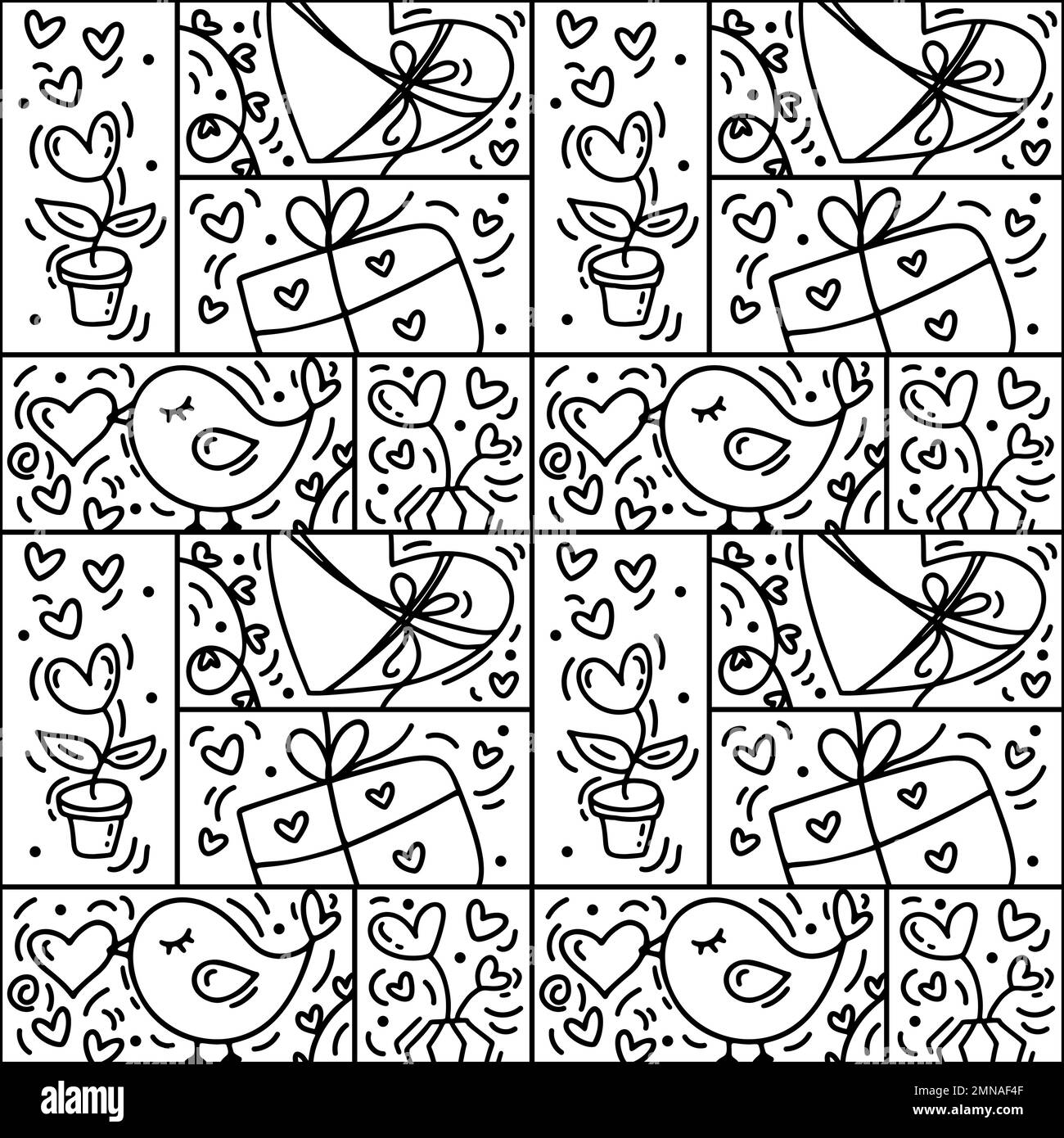 Logo de la Saint-Valentin vecteur sans couture motif amour, oiseau, coeur et boîte-cadeau ligne. Constructeur monoline dessiné à la main pour carte de vœux romantique Illustration de Vecteur