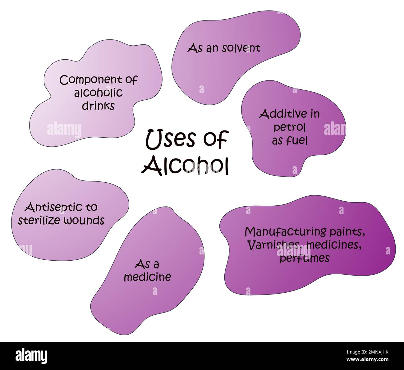 Utilisations de l'alcool : boissons alcoolisées, éthanol comme solvant, méthanol comme combustible. Illustration de Vecteur