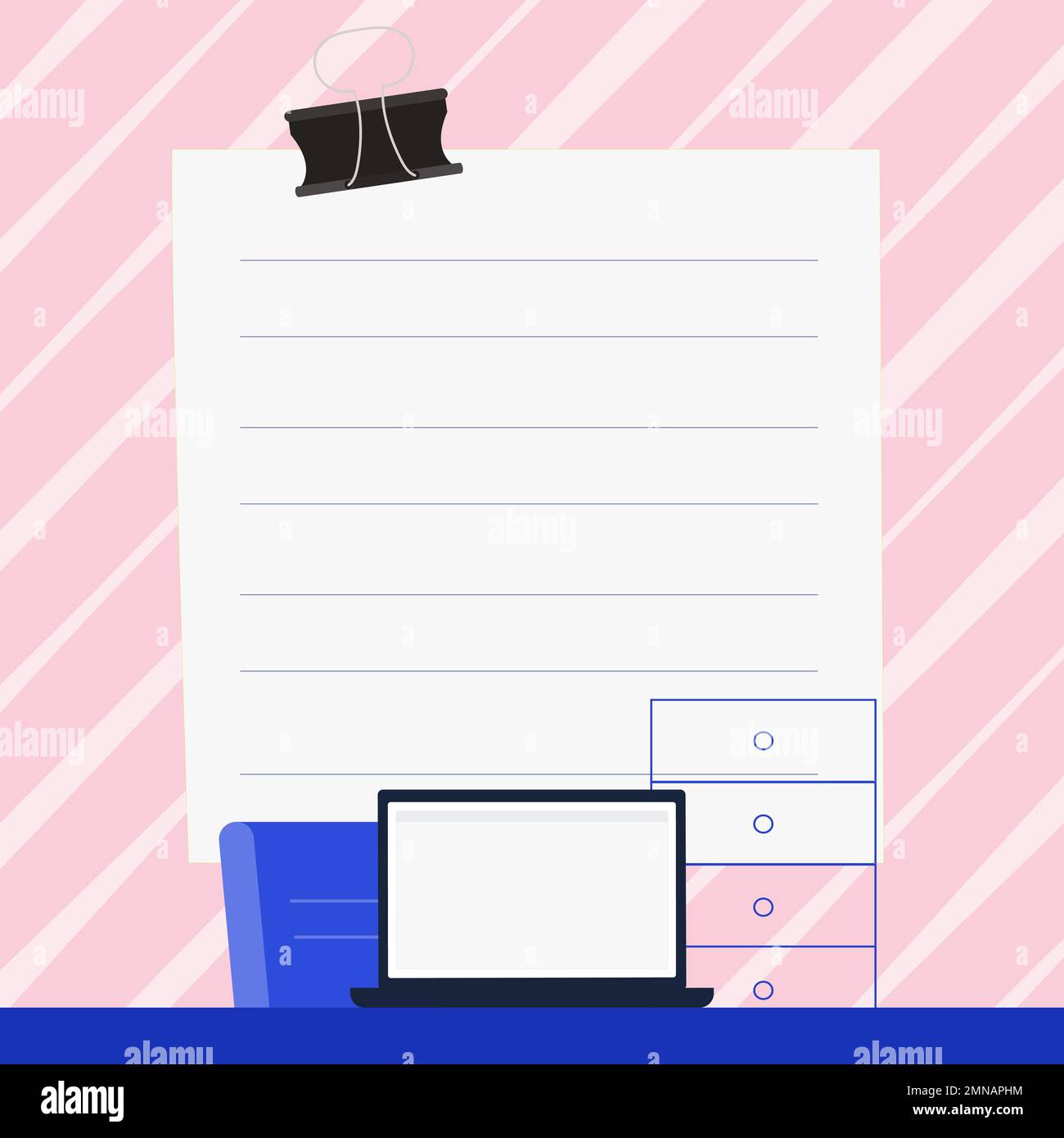 Ordinateur portable placé sur le bureau près de la boîte. L'écran blanc contient de nouvelles informations importantes. Moniteur de l'ordinateur avec message. Porte-texte vide de couleur vive Illustration de Vecteur
