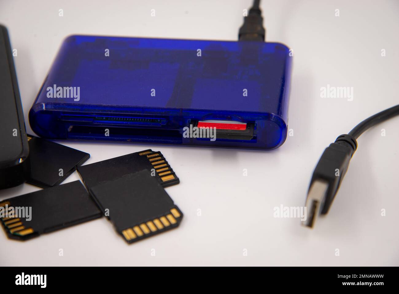 Cartes mémoire noires et disque dur externe avec lecteur de cartes bleu et  carte sur fond blanc Photo Stock - Alamy