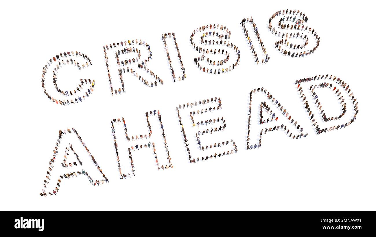 Concept ou conceptuel vaste communauté de personnes formant la crise de message À VENIR. 3d illustration métaphore pour aucune croissance économique, les prix et la dette Banque D'Images