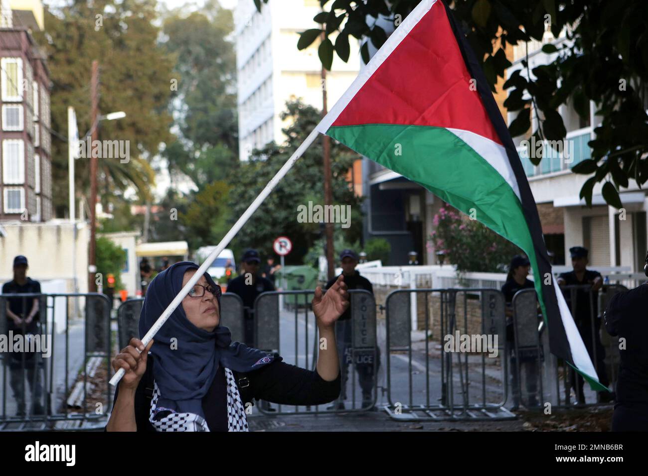 A Palestinian woman who lives in Cyprus, holds up the Palestine flag in ...
