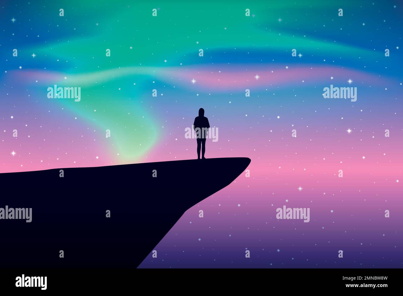 fille sur une falaise regarde dans le ciel étoilé coloré avec aurora borealis Illustration de Vecteur