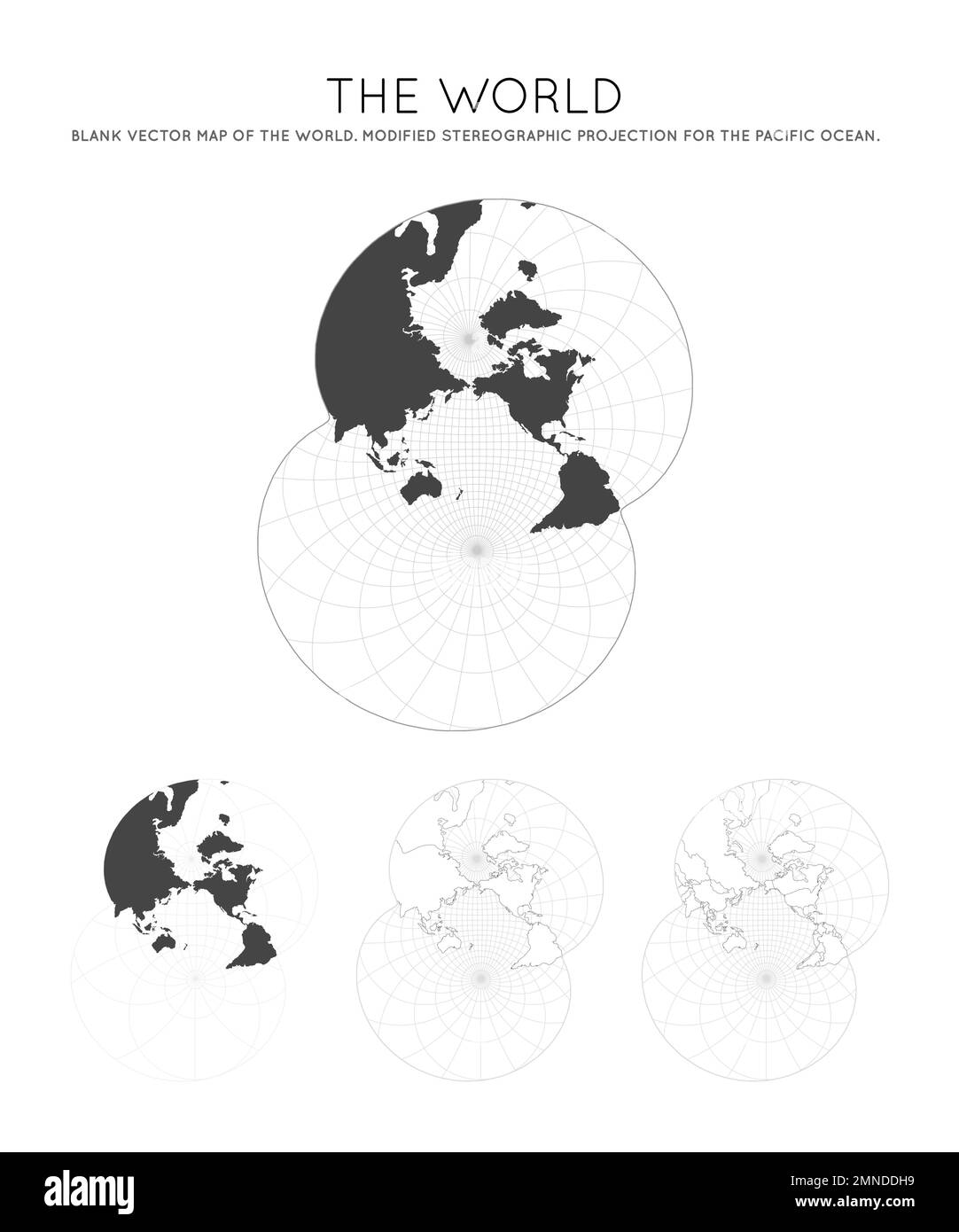 Carte du monde. Projection stéréographique modifiée pour l'océan Pacifique. Globe avec lignes de latitude et de longitude. Carte du monde sur les méridiens et le paralle Illustration de Vecteur