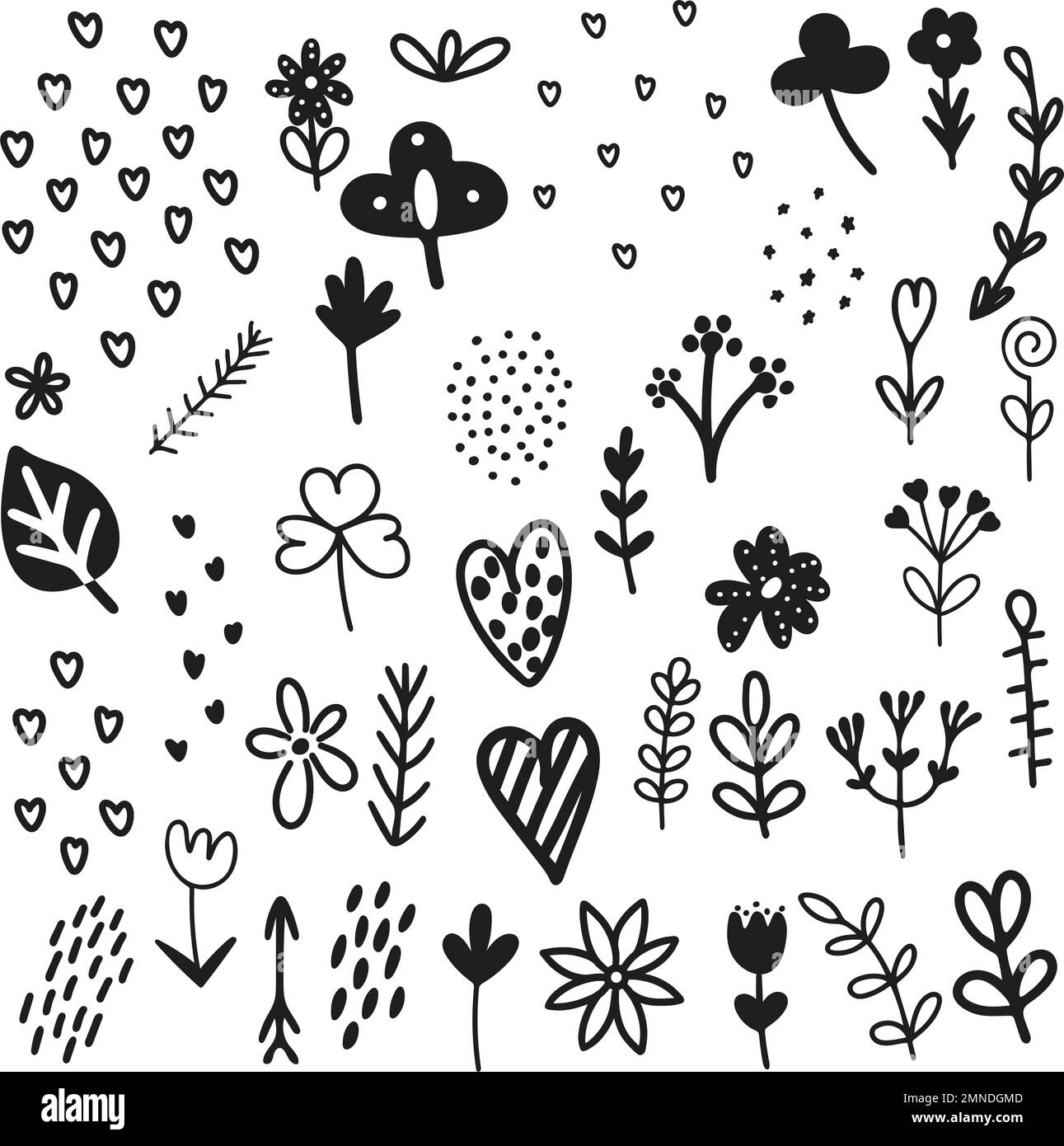 Éléments de conception botyques dessinés à la main dans un style doodle. Fleurs, feuilles, herbes, signes et symboles isolés en noir sur fond blanc. Esquisse simple Illustration de Vecteur