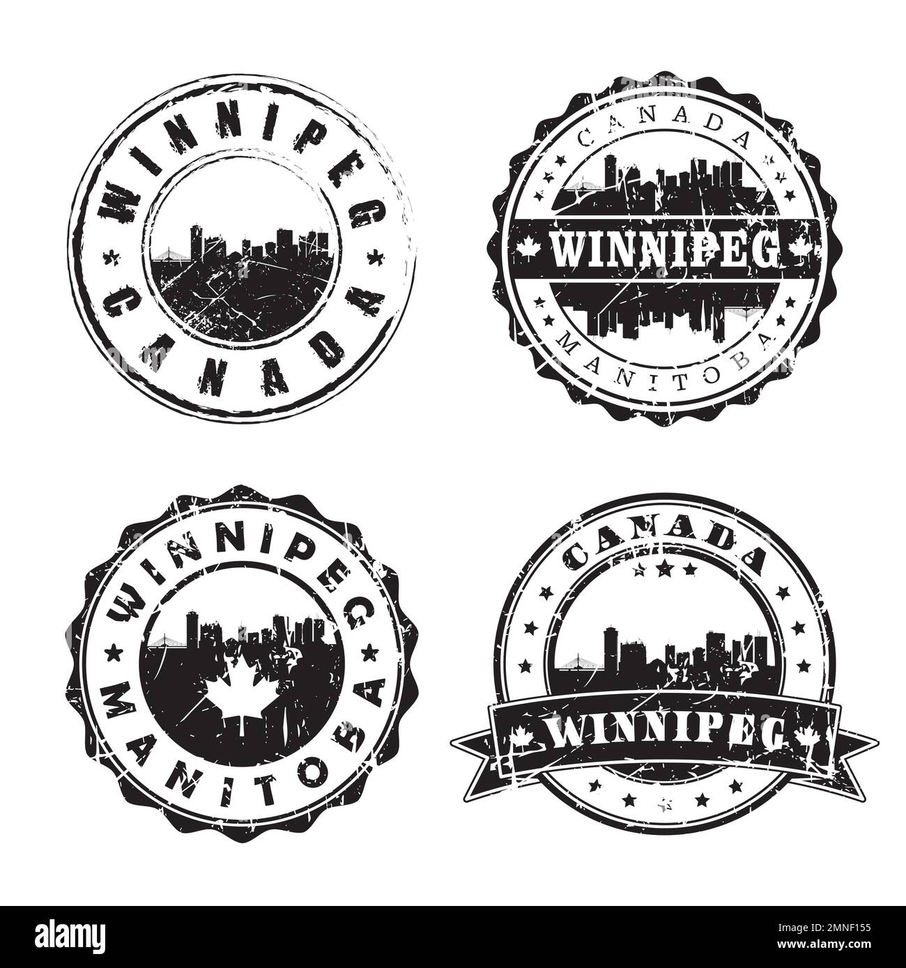 Winnipeg Manitoba Stamp marque de poste Skyline. Passeport postal Silhouette. Jeu d'icônes City Round Vector. Postage vintage Illustration de Vecteur