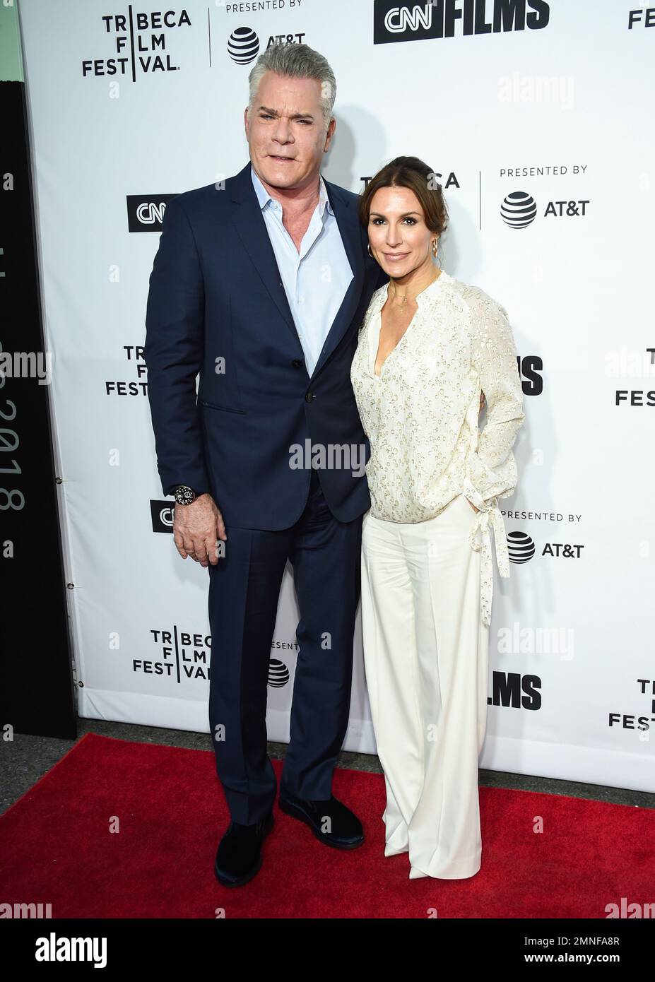 Actor Ray Liotta, left, and girlfriend Silvia Lombardo attend the Tribeca Film Festival opening night world premiere of "Love, Gilda" at the Beacon Theatre on Wednesday, April 18, 2018, in New York. (Photo by Evan Agostini/Invision/AP) Banque D'Images