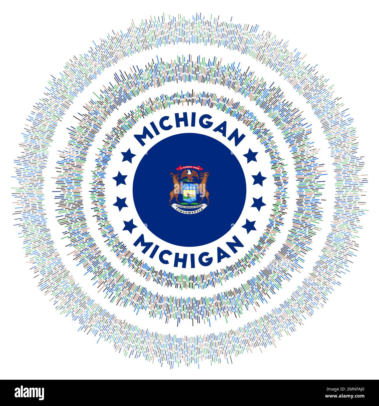 Symbole Michigan. Drapeau de l'État américain rayonnant avec des rayons colorés. Éclat de soleil brillant avec drapeau du Michigan. Illustration vectorielle créative. Illustration de Vecteur