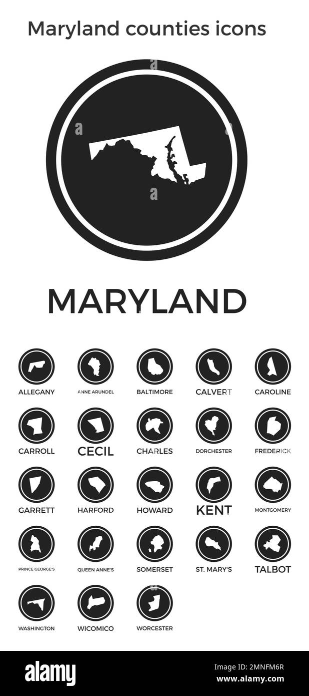 Icônes des comtés du Maryland. Logos ronds noirs avec cartes et titres des États-Unis. Illustration vectorielle. Illustration de Vecteur