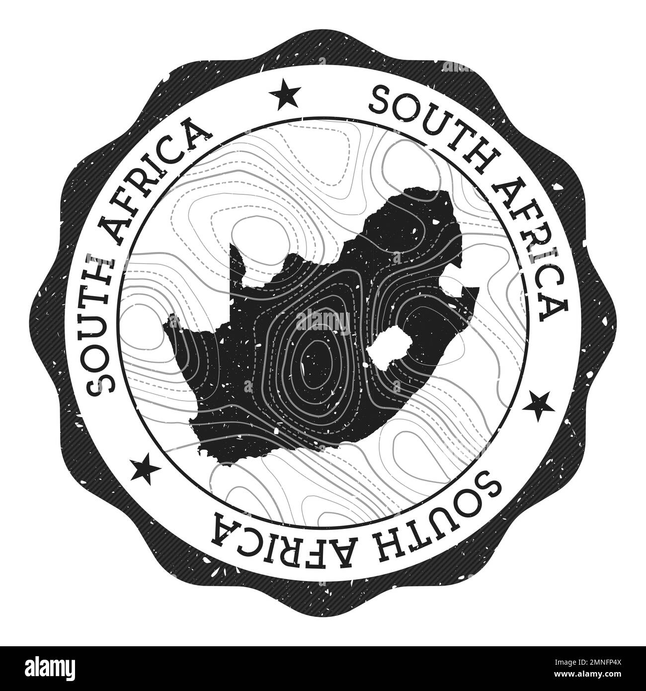 Timbre extérieur Afrique du Sud. Autocollant rond avec carte du pays avec isolines topographiques. Illustration vectorielle. Illustration de Vecteur