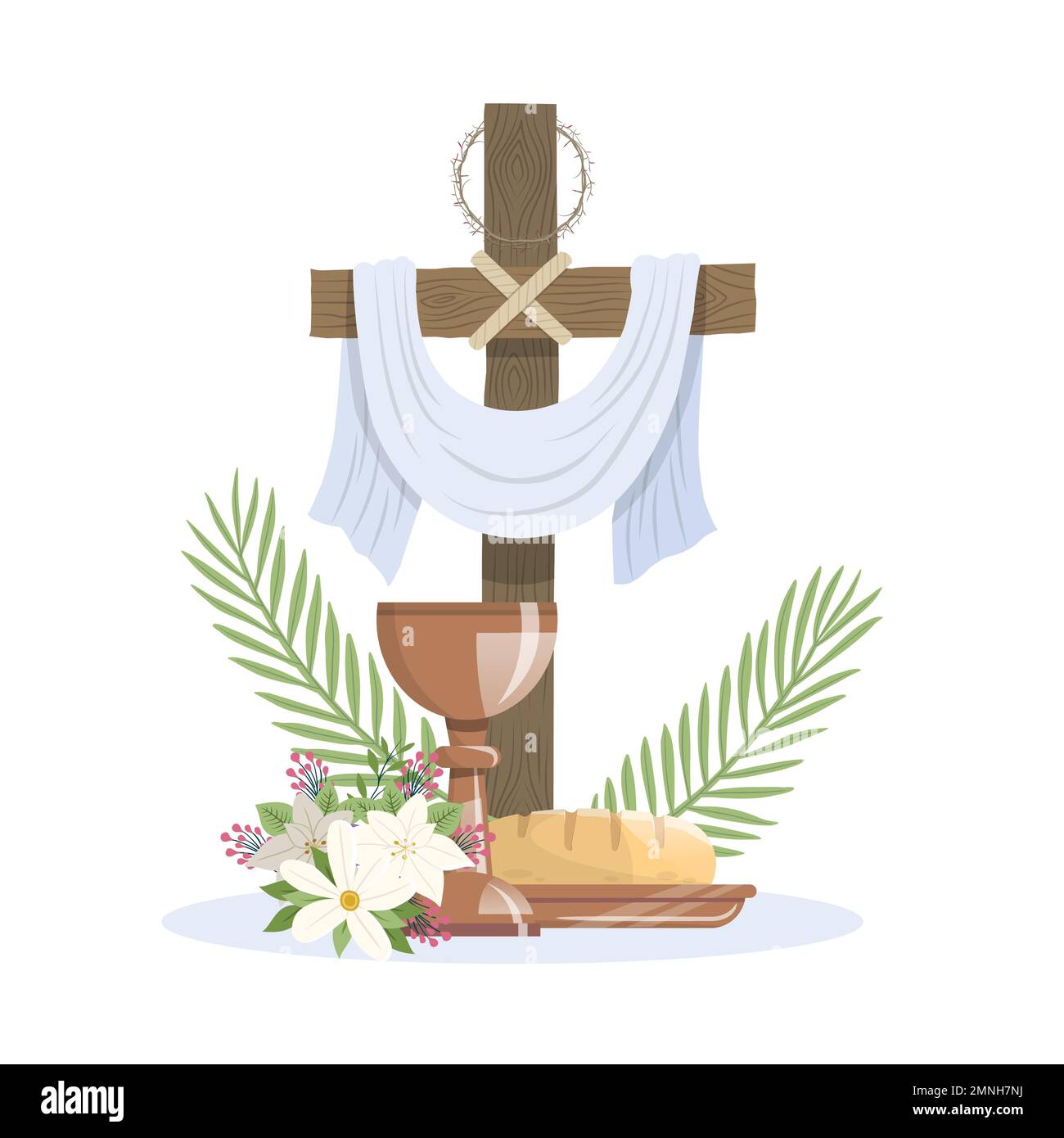 Semaine Sainte. Croix, couronne d'épines, tissu blanc, dimanche des palmiers et jeudi Maundy. Illustration vectorielle Illustration de Vecteur