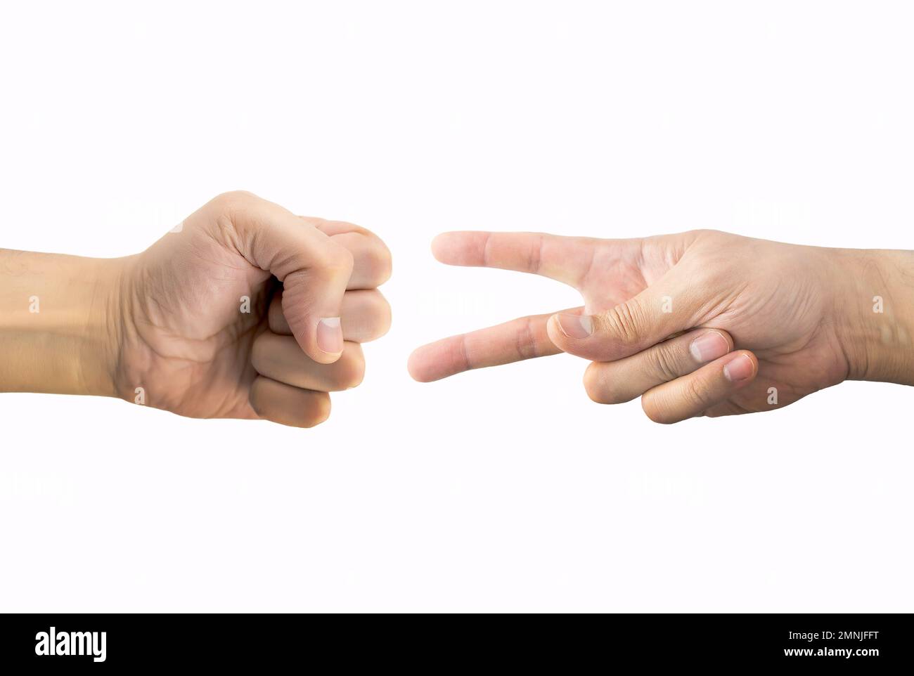 Papier de roche et les mains de ciseaux jouant avec fond blanc Banque D'Images