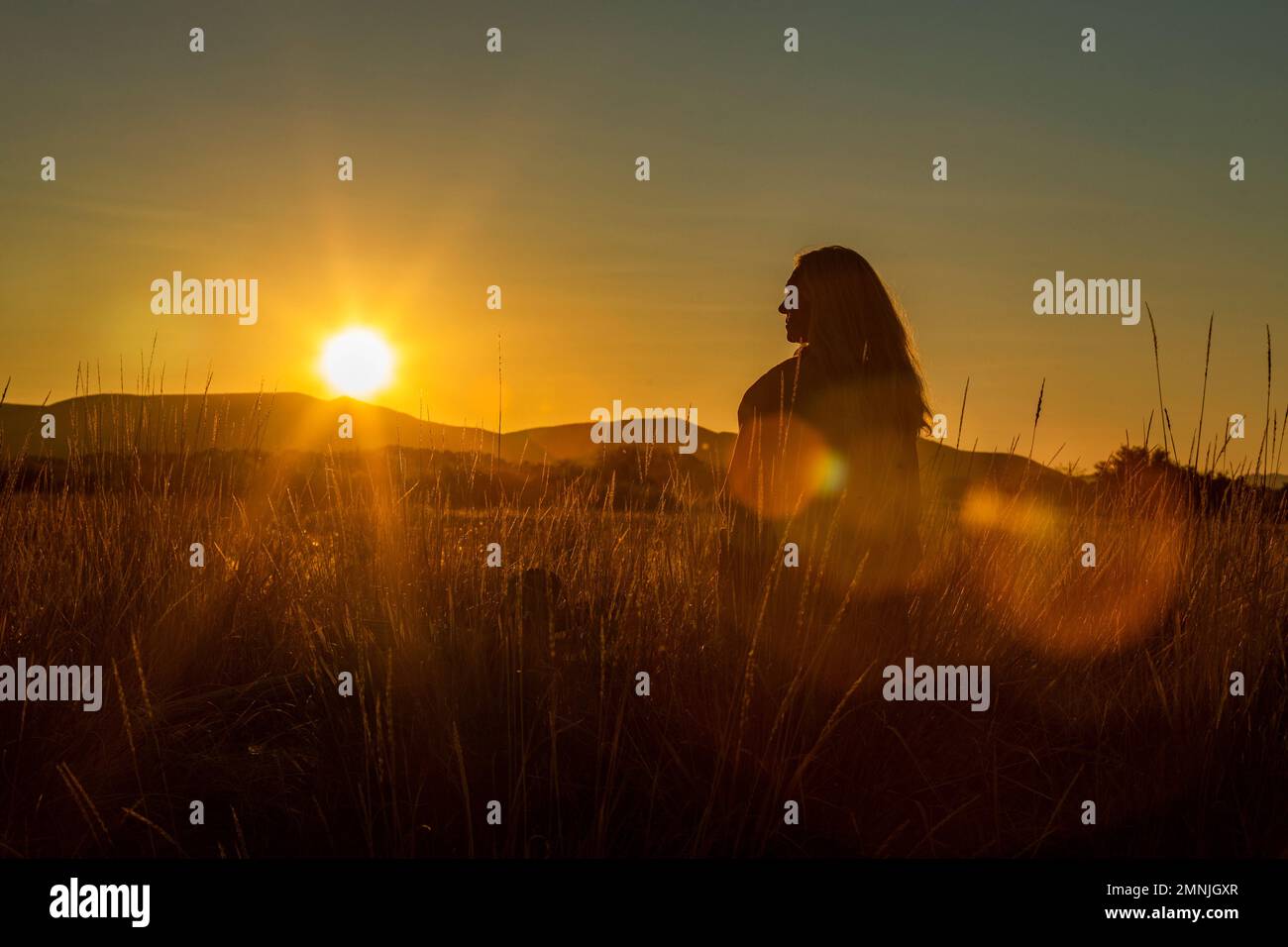 Silhouette de femme profitant du coucher de soleil en été Banque D'Images