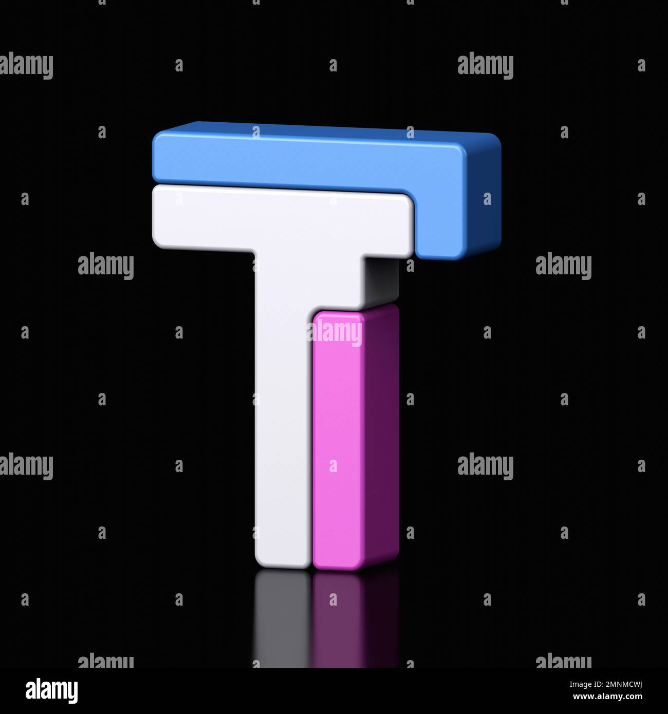 3D lettres T plastique bleu clair et rose de l'alphabet isolé dans un fond noir. Illustration de la conception de caractères métalliques haute technologie, texte minimal Banque D'Images