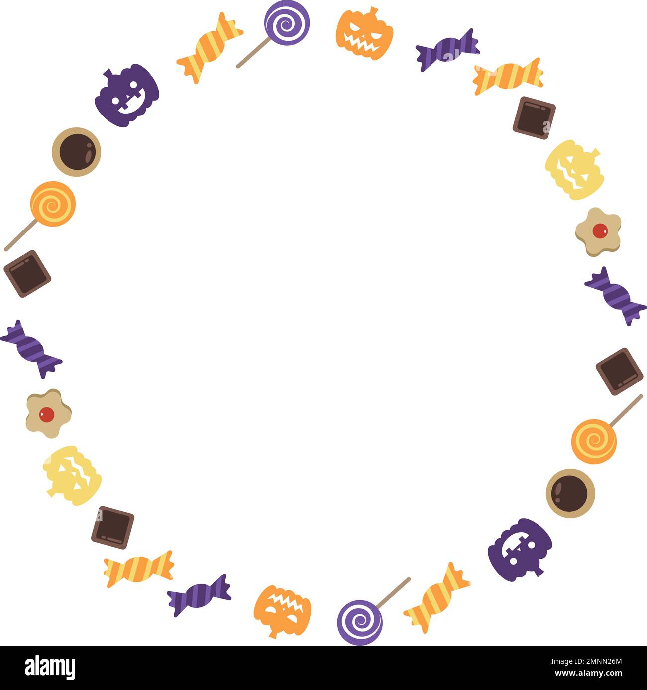 Cadre circulaire orné de bonbons pour Halloween. Conception simple à base d'orange et de violet. Illustration de Vecteur