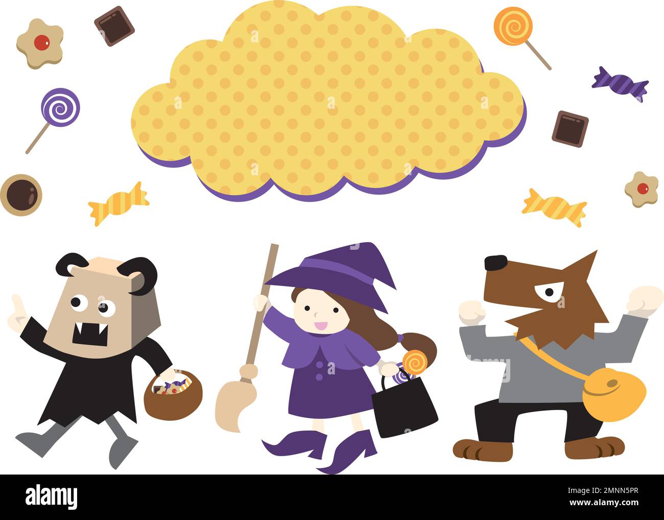 Enfants marchant dans des costumes d'Halloween. Les enfants prétendant être des loups, des diables et des sorcières. Illustration de Vecteur