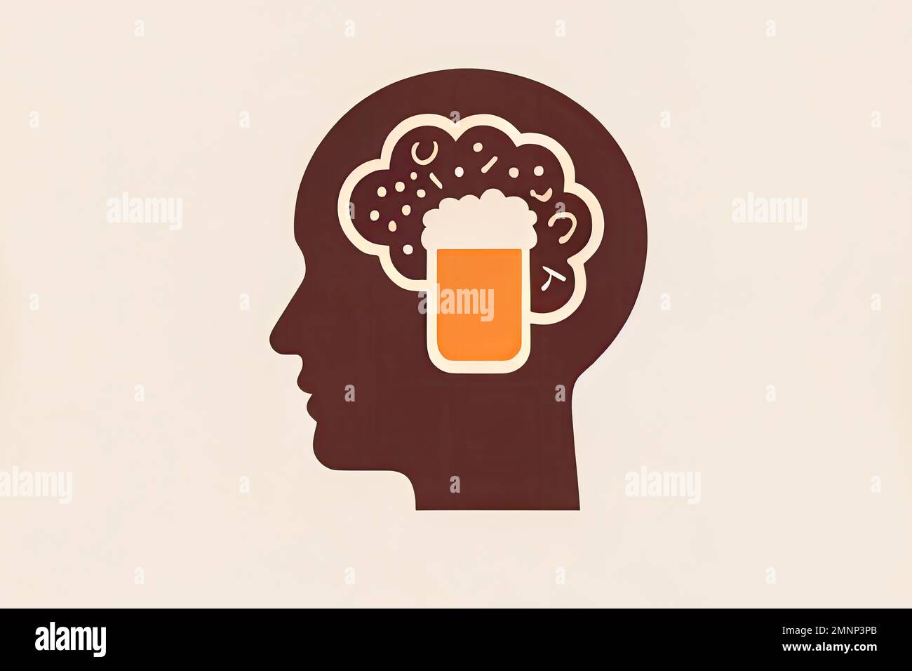 L'icône plate représente une tête humaine avec une tasse à bière à la place du cerveau, symbolisant un amour et une passion inébranlables pour la bière, avec une touche de Banque D'Images